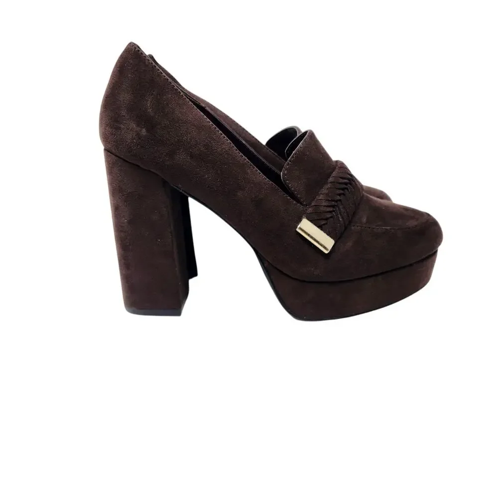 Just Fab JF Brown Suede Adele Braided Slip On Heeled Loafers Pump Sandals Size 7